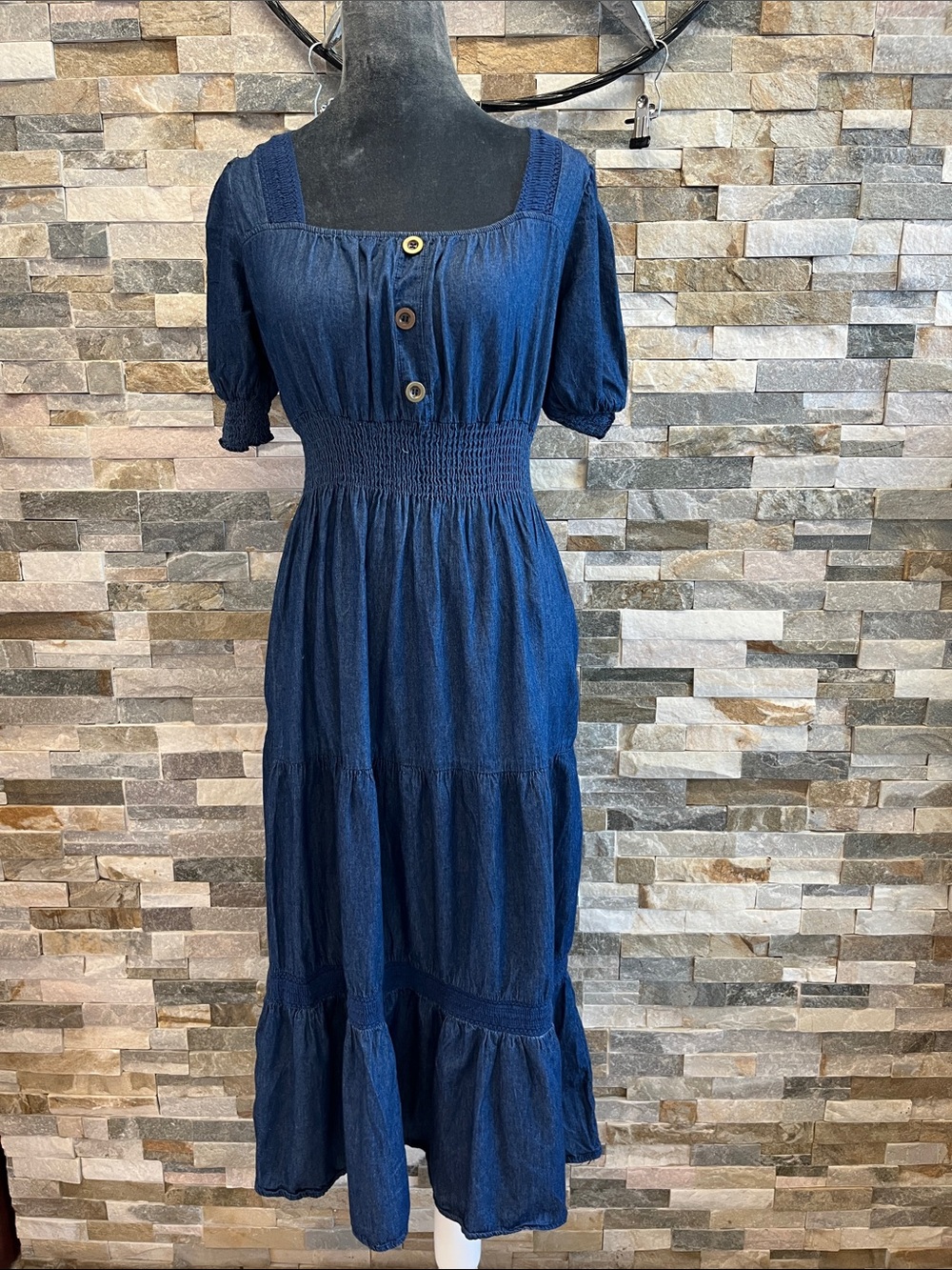 Indigo & lace Smocked Waist Navy Midi Dress with Button Front